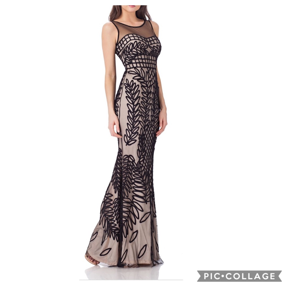 JS collections graphic soutache embroidered sleeveless long gown